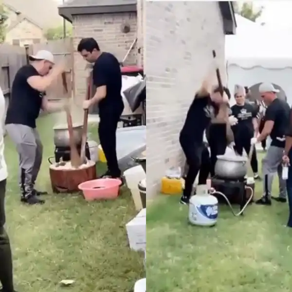 Shock As Two White Men Are Seen Pounding Yam For An Event (Video)