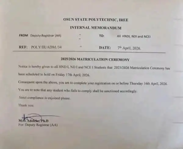 Osun State Polytechnic announces Matriculation Ceremony, 2025/2026