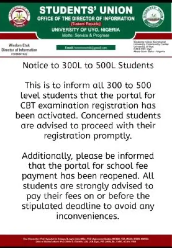 UNIUYO SUG notice to 300-500L students on CBT exam registration