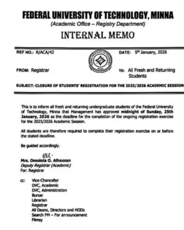 FUTMINNA notice to students on deadline for 2025/2026 registration