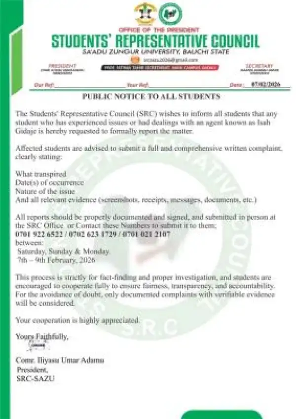 SAZU Students Representative Council notice to students