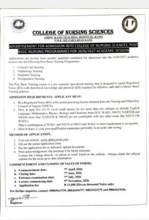 Aminu Kano Teaching Hospital (AKTH) College of Nursing Sciences & Post-Basic Programmes, 2026/2027