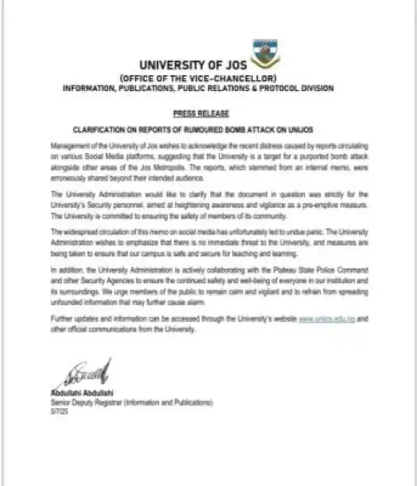 UNIJOS issues clarification on rumoured bomb scare in the institution
