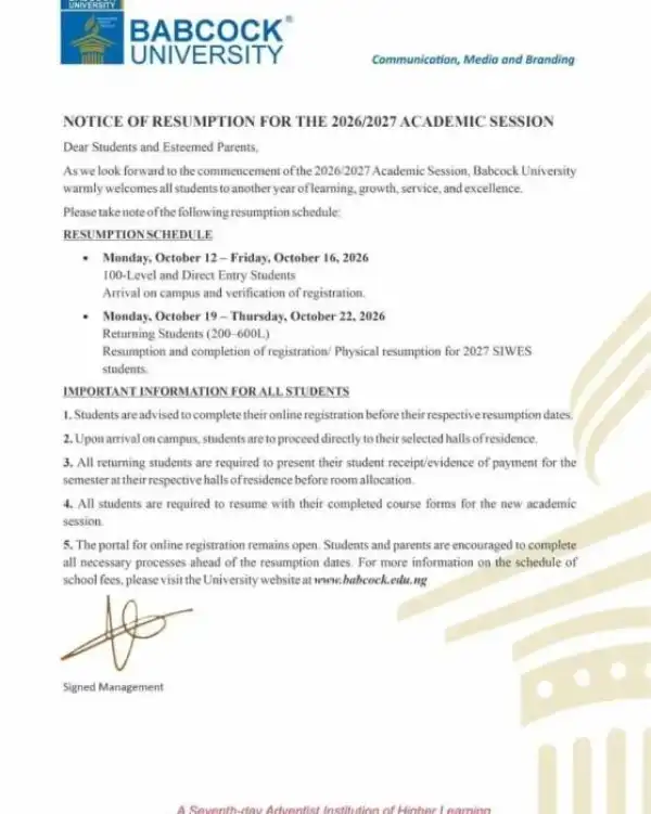 Babcock University announces academic resumption dates, 2026/2027