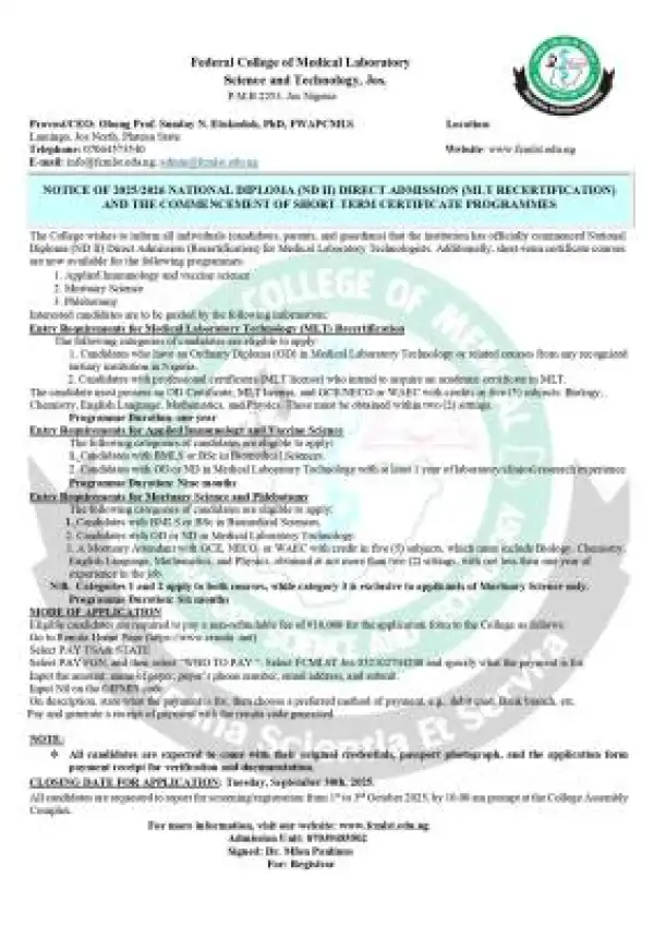 FCMLST ND II direct admission and short-term certificate programmes, 2025/2026