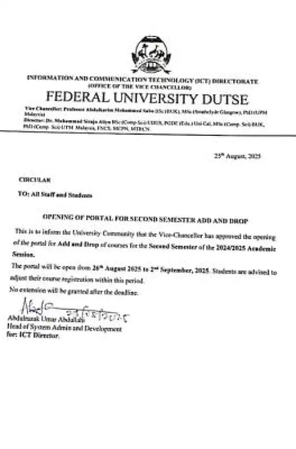 FUDUTSE opens second semester Add & Drop portal, 2024/2025