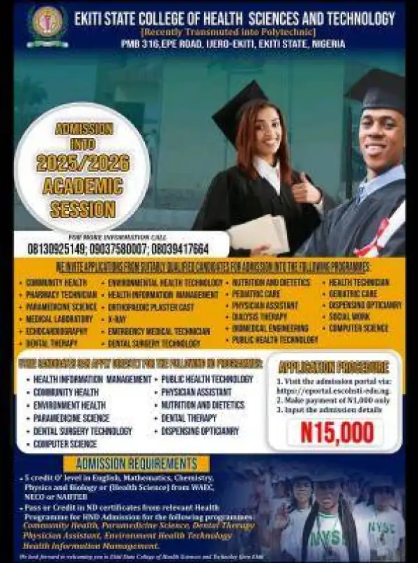 Ekiti State College of Health Sciences and Technology admission, 2025/2026