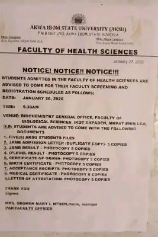 AKSU Faculty of Health Sciences screening date for newly admitted students