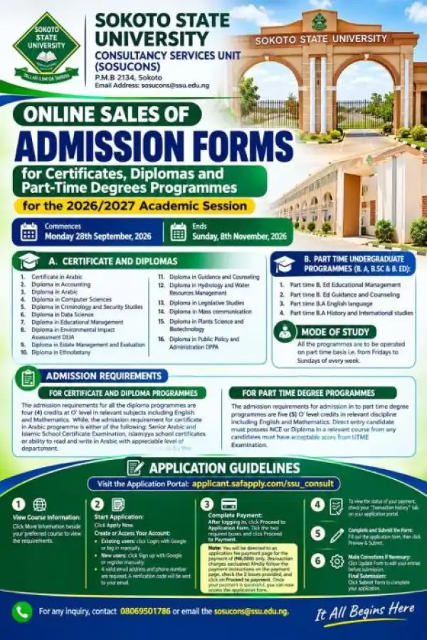 SSU Part-Time Admission programmes 2026/2027 academic session