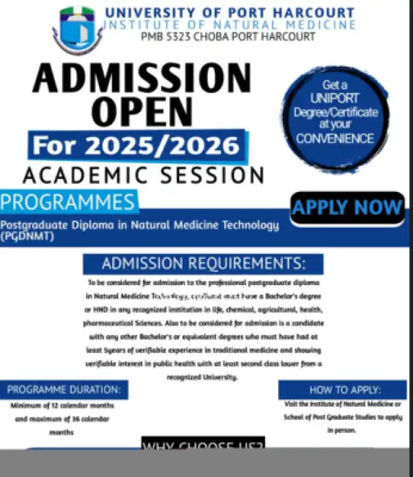 UNIPORT instutute of natural medicine PGD admission, 2025/2026 session