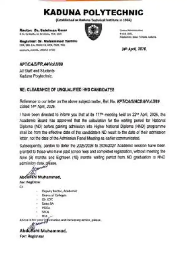 Kaduna Polytechnic clearance of unqualified HND candidates