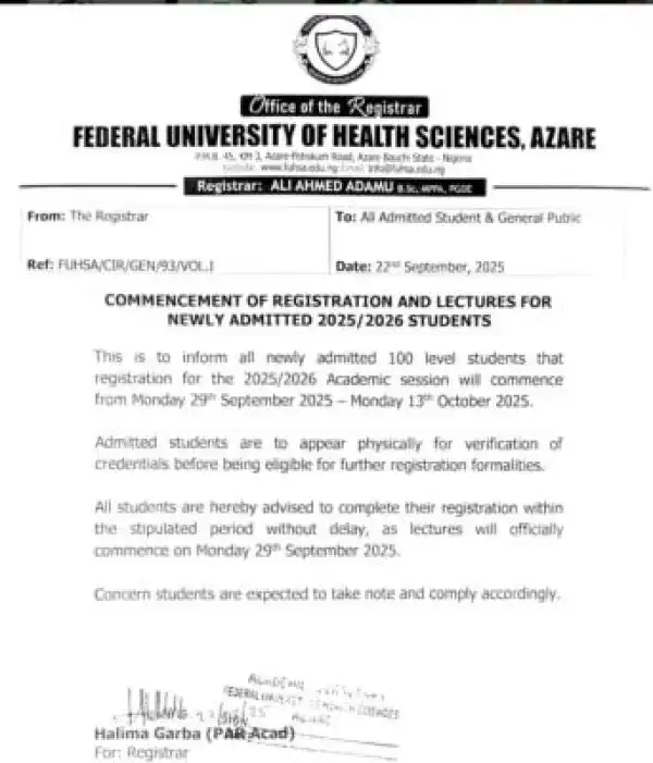 FUHSA notice on commencement of registration and lectures for newly admitted students, 2025/2026