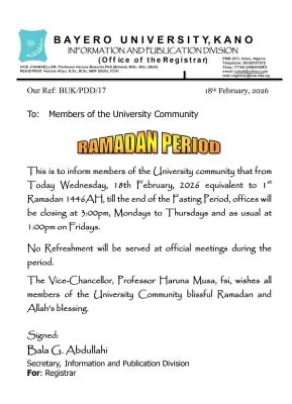 BUK adjusts working hours for 2026 Ramadan