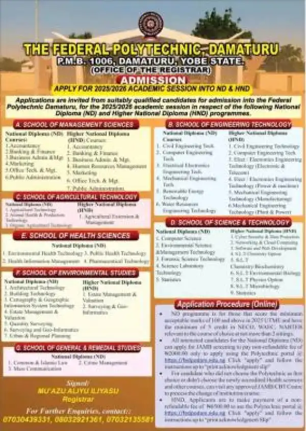 Federal Polytechnic, Damaturu ND/HND Admission form, 2025/2026