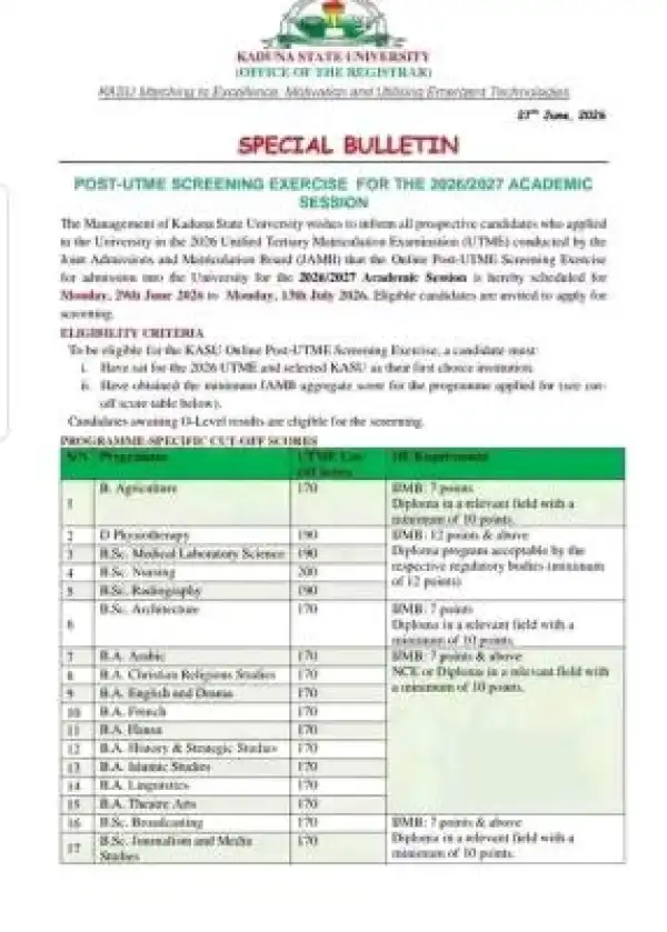 KASU Post-UTME/DE 2026: Cut-off mark, Eligibility and Registration Details