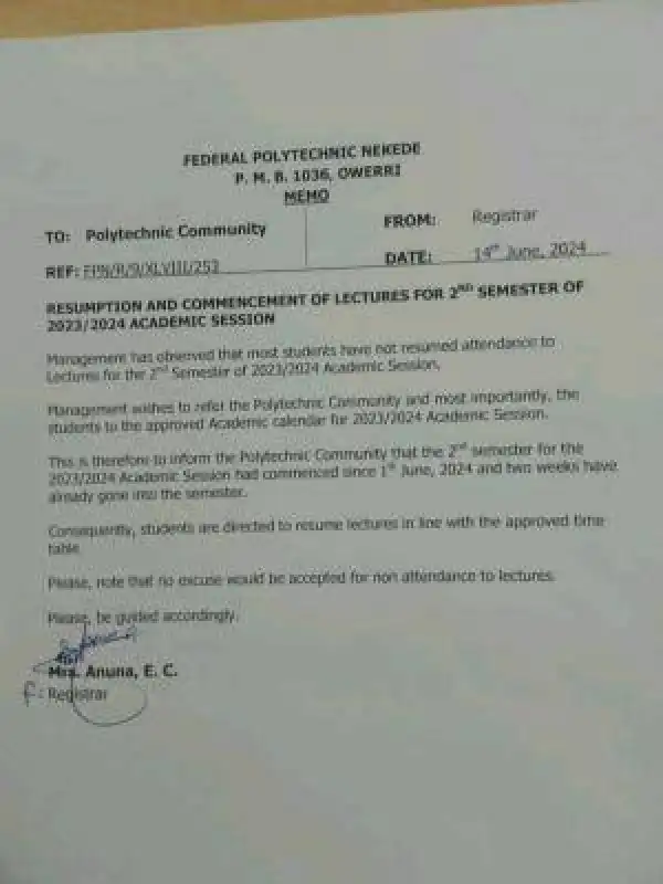 Fed Poly Nekede resumption & commencement of lectures for 2nd semester, 2023/2024