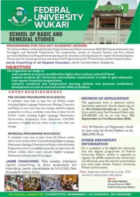 Federal University Wukari Opens Pre-Degree and Remedial Application, 2026/2027