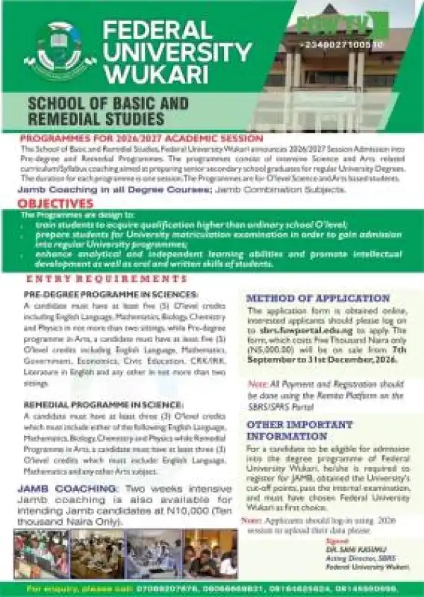 Federal University Wukari Opens Pre-Degree and Remedial Application, 2026/2027