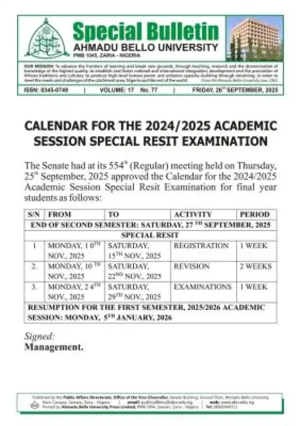 ABU releases special resit exam timetable, 2024/2025