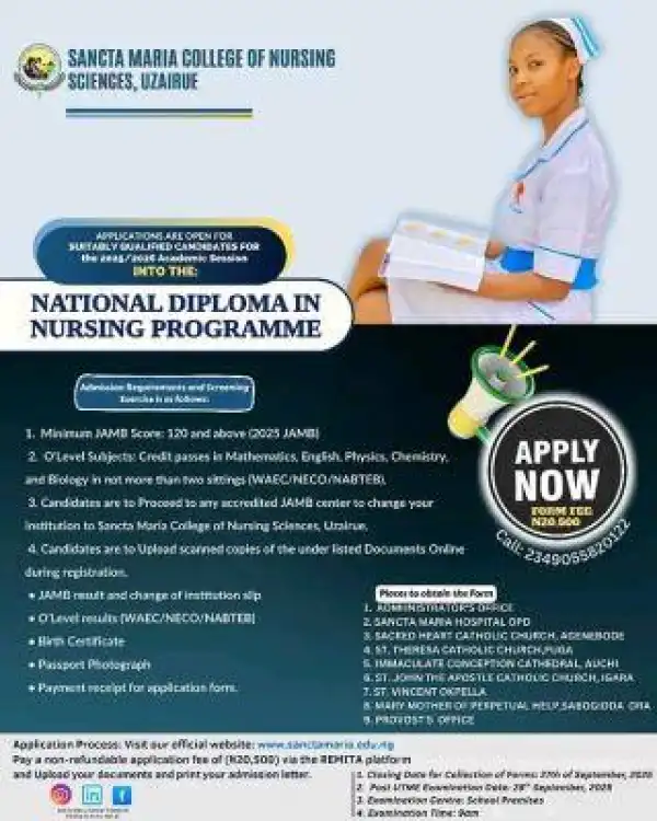 Sancta Maria Catholic College of Nursing Sciences, Uzairue Admission form, 2025/2026
