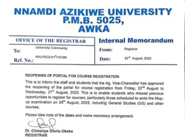 UNIZIK reopens portal for course registration