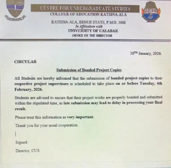 COE Katsina notice to degree students on Submission of Bonded Project Copies
