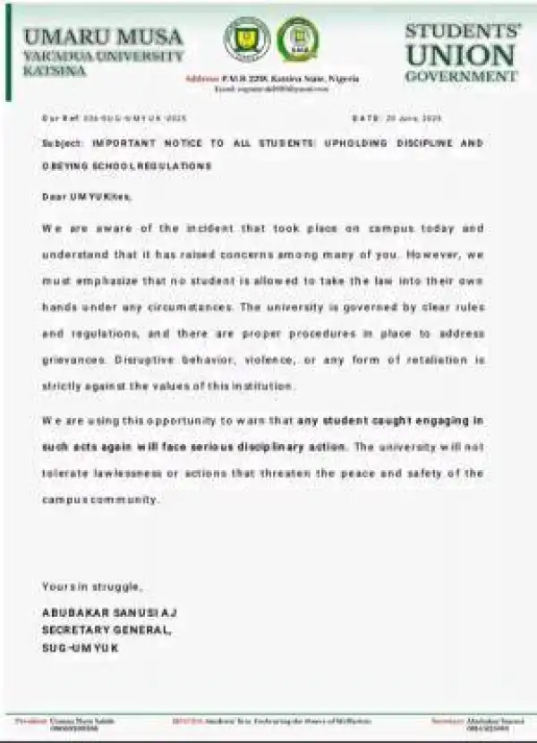 UMYUK SUG cautions students over taking laws into their own hands