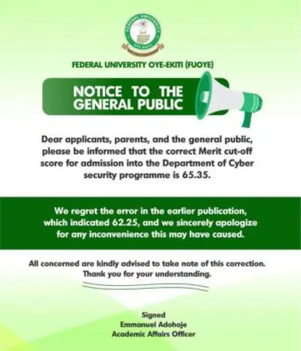FUOYE notice on the correct admission cut-off mark for Cyber Security course