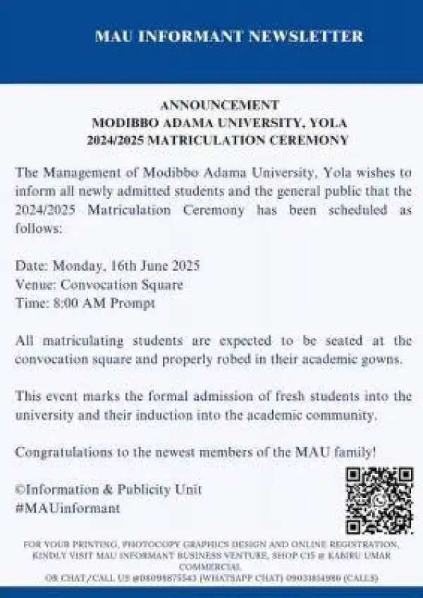 MAUTECH announces Matriculation Ceremony, 2024/2025
