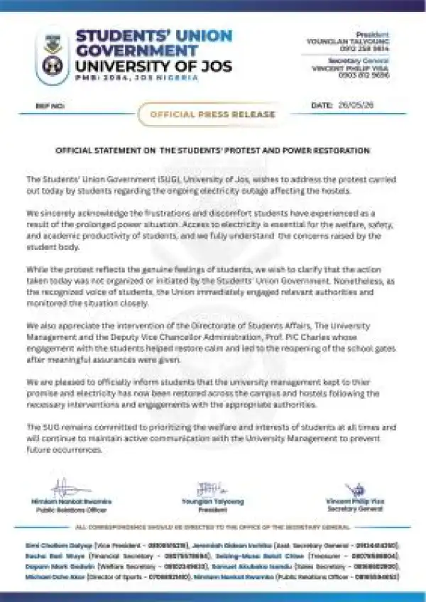 UNIJOS SUG update on aftermath of Students