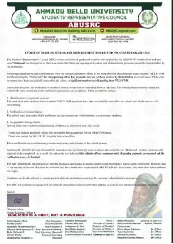 ABU SRC update on NELFUND disbursement and refund process