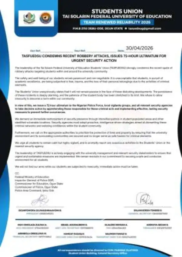TASFUED SUG condemns recent robbery attacks, issues 72-hrs ultimatum for urgent security action