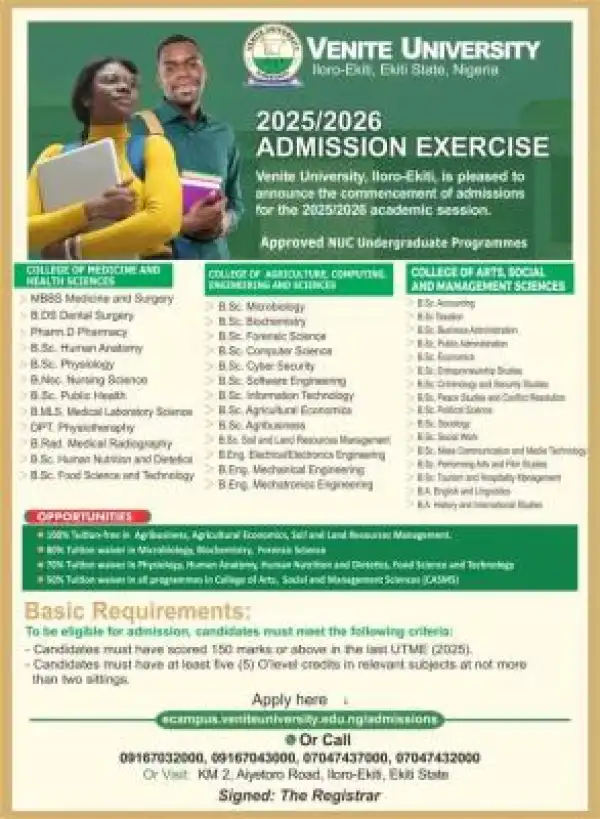Venite University Post-UTME/DE 2025: cut-off mark, eligibility, registration and details