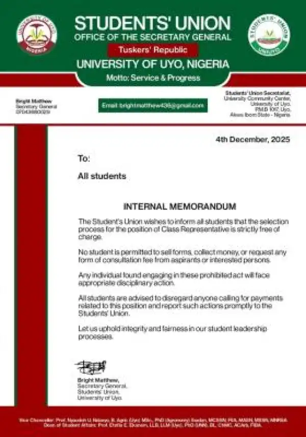 UNIUYO SUG notice to students on selection of Class Representatives