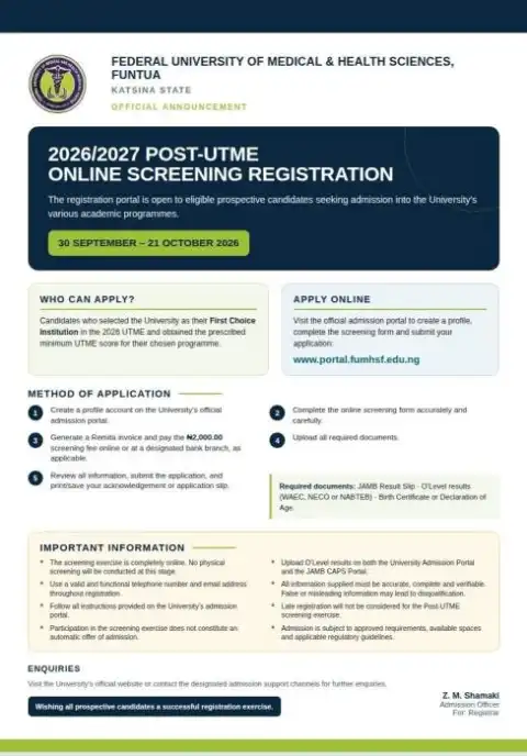 Federal University of Medical & Health Sciences, Funtua Post-UTME 2026: Cut-off mark, Eligibility & Registration