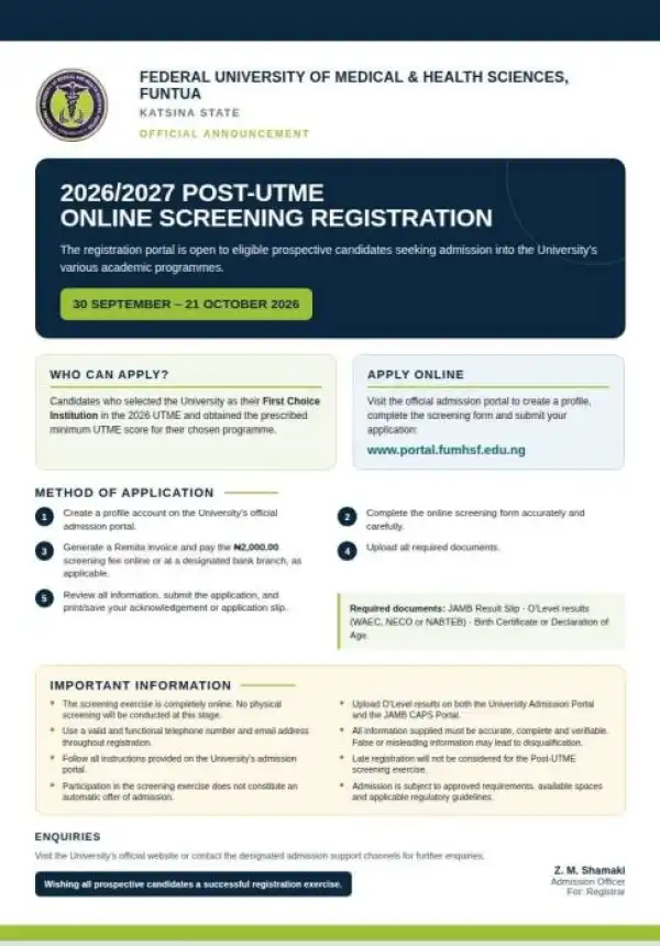 Federal University of Medical & Health Sciences, Funtua Post-UTME 2026: Cut-off mark, Eligibility & Registration