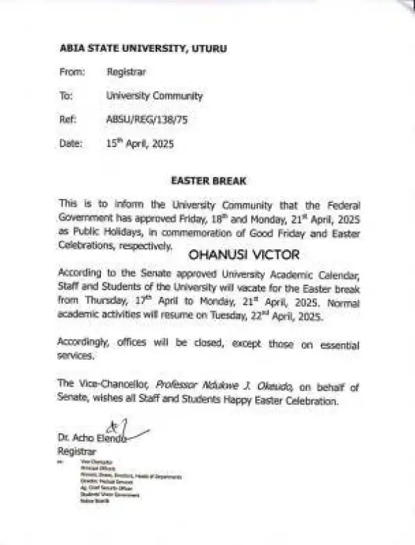 ABSU notice of Easter break
