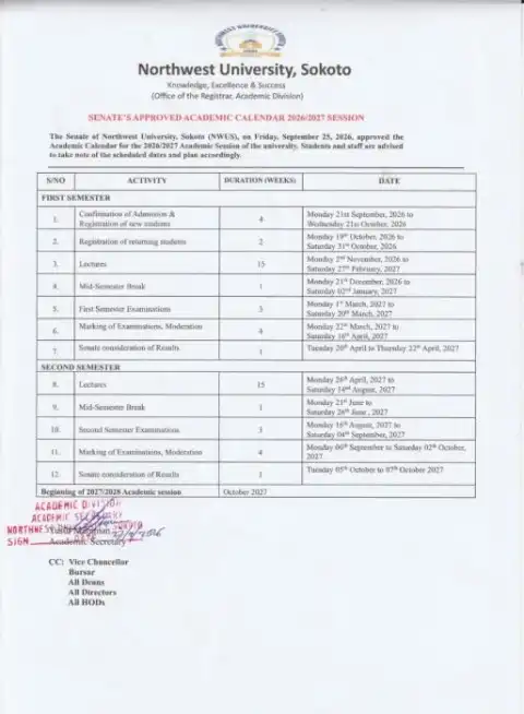 Northwest University Sokoto Approved Academic Calendar, 2026/2027