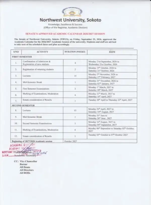Northwest University Sokoto Approved Academic Calendar, 2026/2027