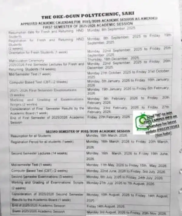 Oke-Ogun Poly approved academic calendar, 2025/2026