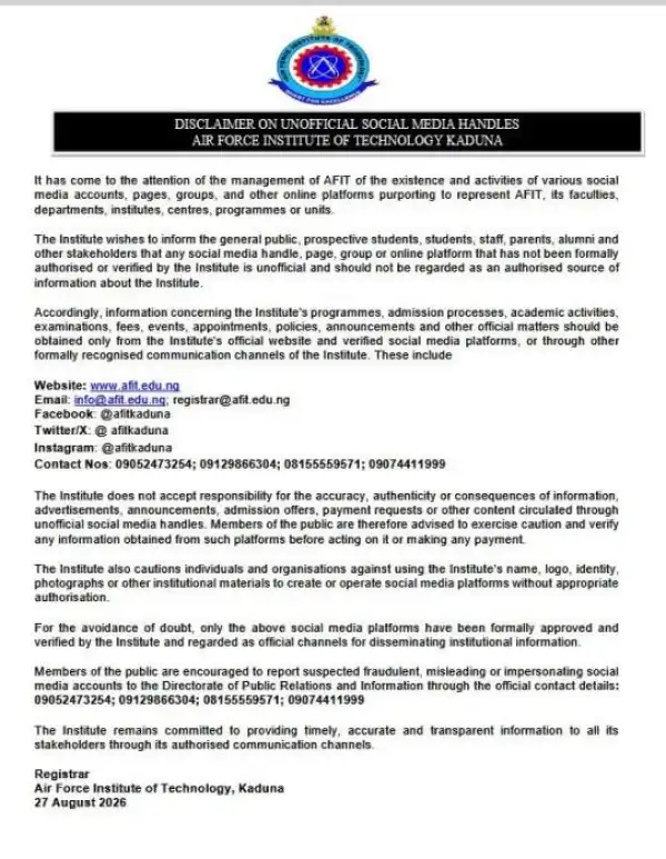 AFIT disclaimer notice regarding fake Social media Pages