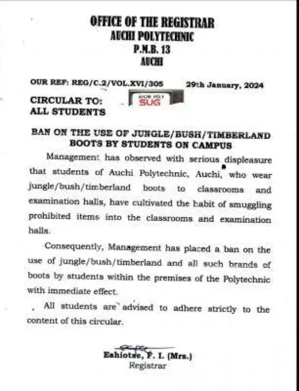 Auchi Poly ban on use of jungle/bush/timberland boots by students on campus