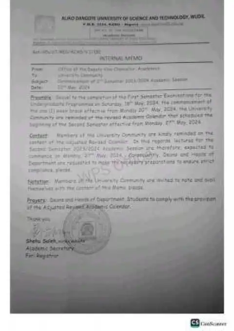 Kano State University of science Wudil notice on commencement of 2nd semester, 2023/2024