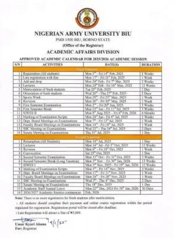 NAUB releases approved academic calendar, 2025/2026