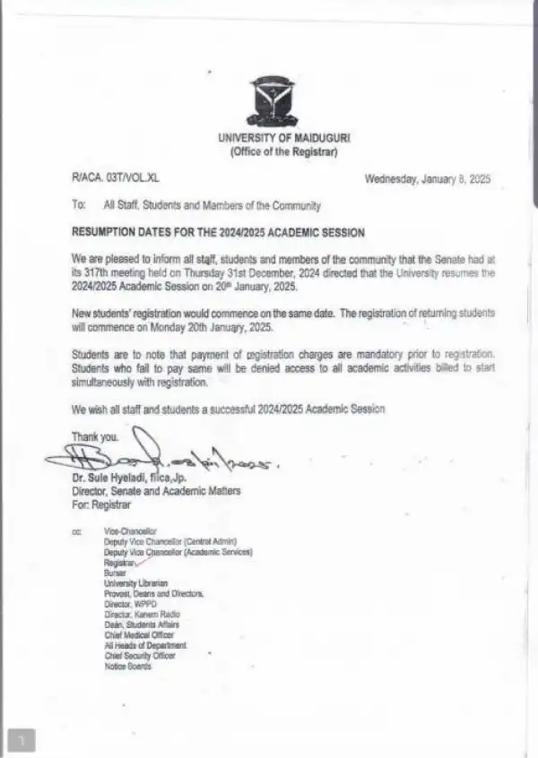 UNIMAID resumption of academic activities for 2024/2025 session