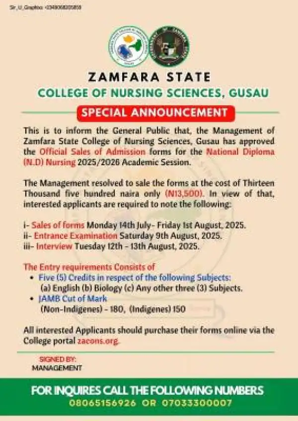 Zamfara State College of Nursing Sciences releases ND Nursing form, 2025/2026