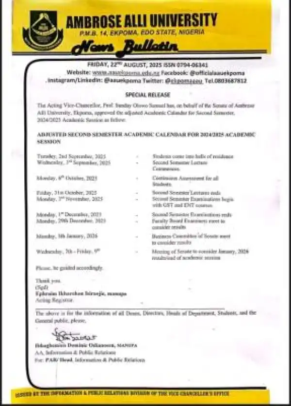 AAU adjusts second semester academic calendar, 2024/2025