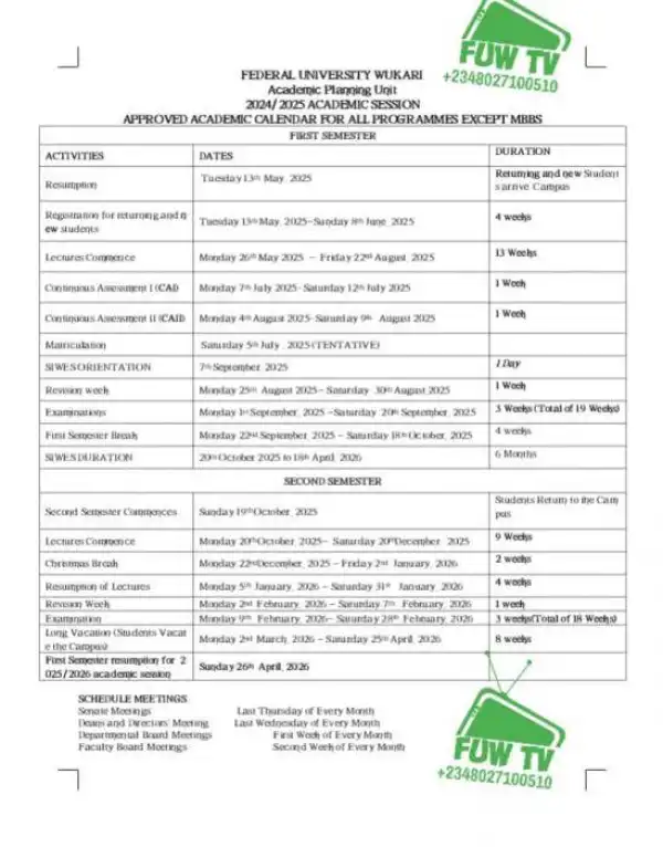 FUWukari academic calendar for 2024/2025 session