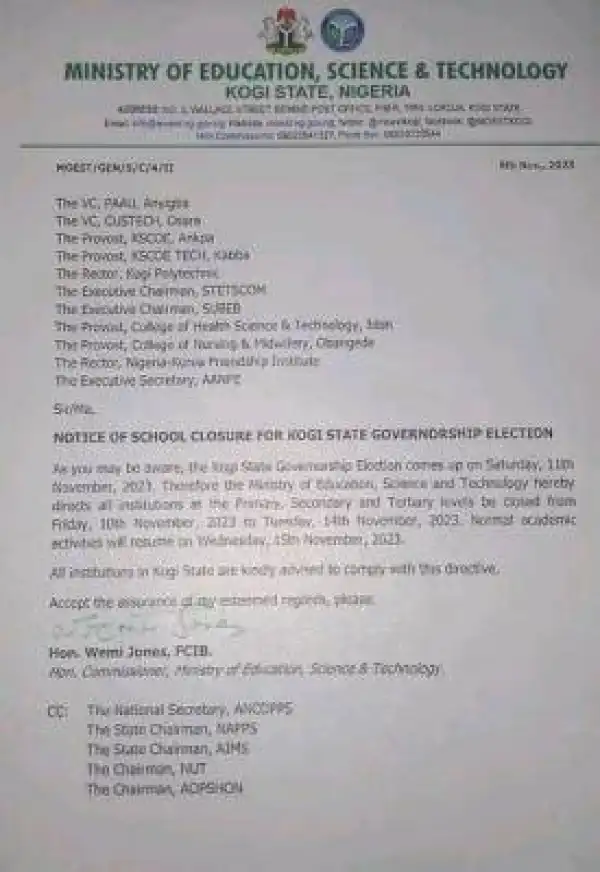 Kogi State Ministry of Education notice on closure of school closure for Kogi State Governorship Election