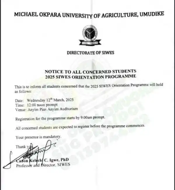MOUAU notice on SIWES orientation programme, 2025